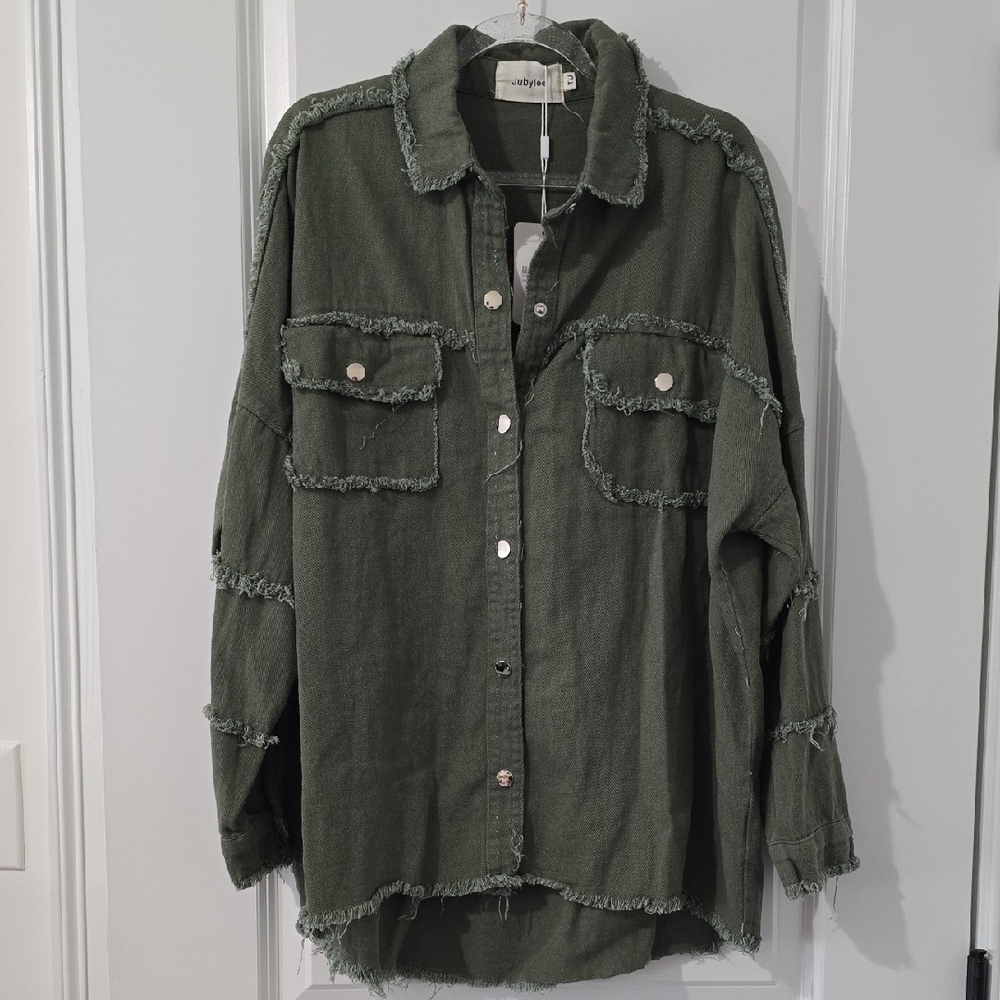 Olive Green Frayed Button-Up Shirt